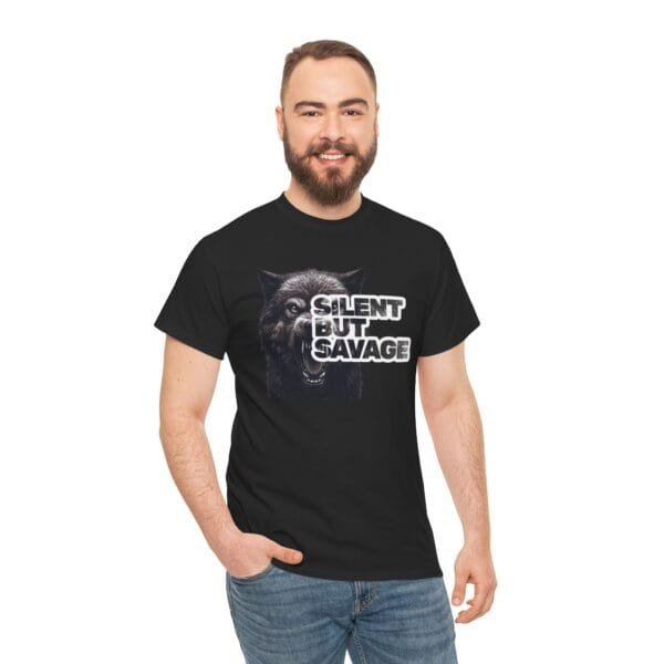 "Silent But Savage" Fierce Wolf Unisex Heavy Cotton Tee - Image 3